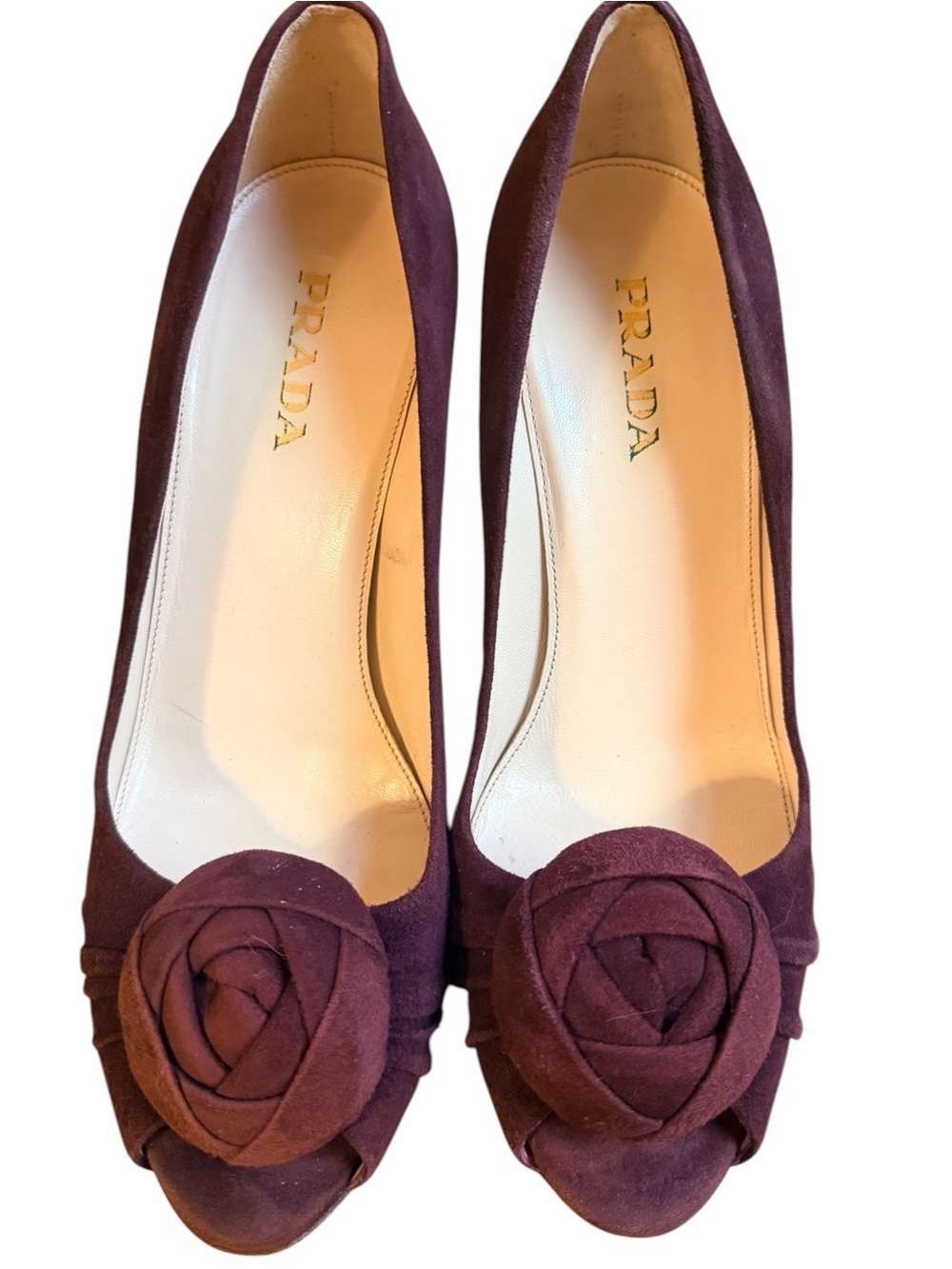 Prada Plum Suede Rosette Peep Toe Stiletto Heels EU 39 Italy